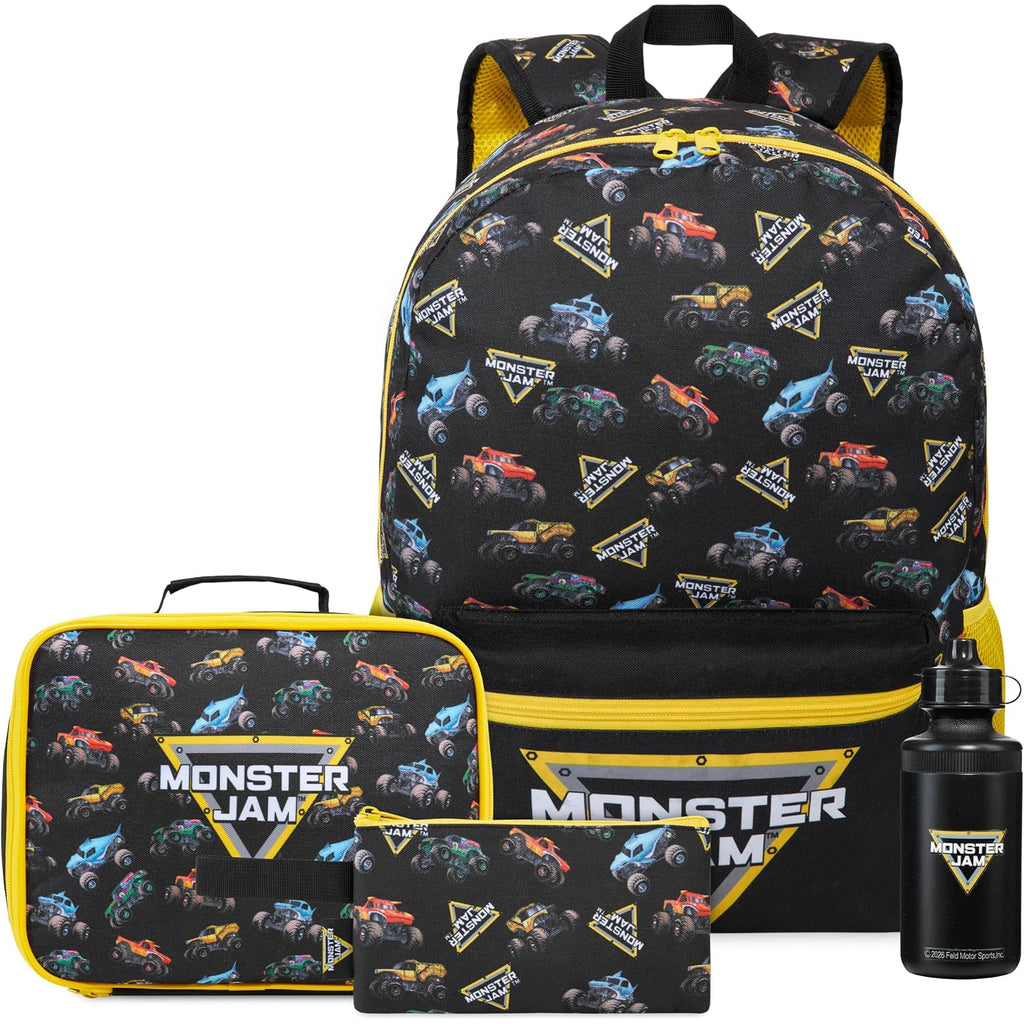 Get Trend Monster Jam Boys Backpack 4 Piece Set | 18 Inch Bookbag With Insulated Lunch Bag, Zipped Pencil Case & Bpa-Free Water Bottle, Back To School Gifts For Kids