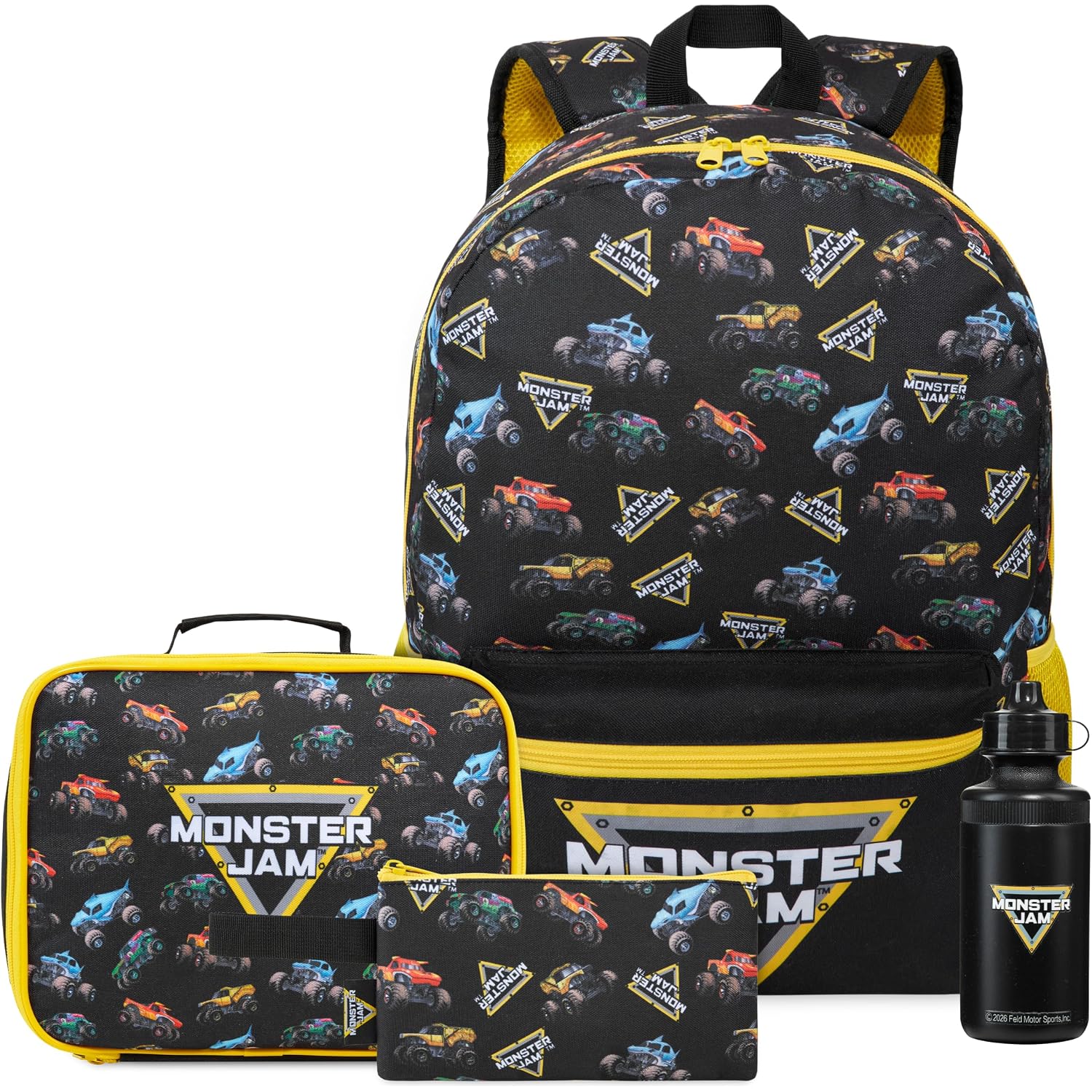 Get Trend Monster Jam Boys Backpack 4 Piece Set | 18 Inch Bookbag With Insulated Lunch Bag, Zipped Pencil Case & Bpa-Free Water Bottle, Back To School Gifts For Kids