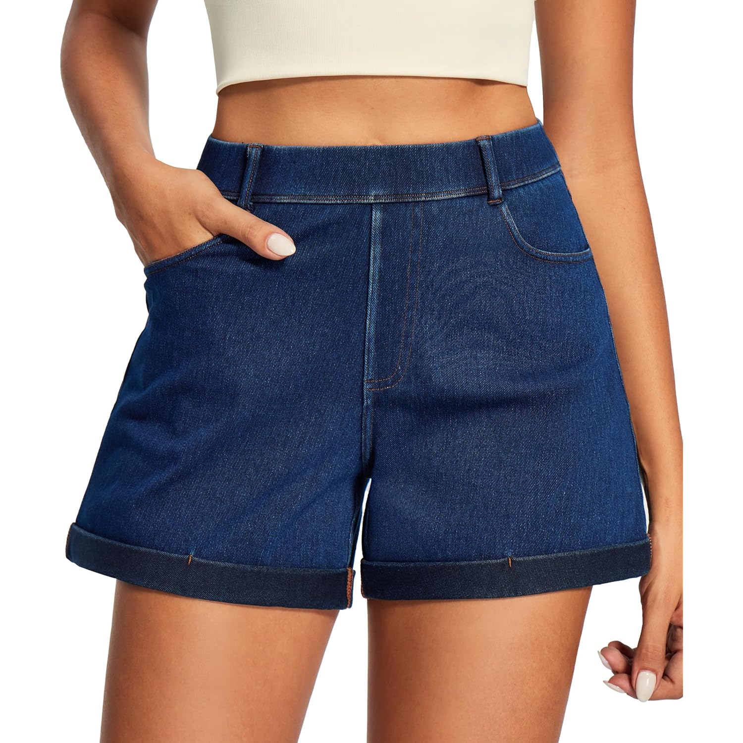 Stretchy Baggy Jean Shorts Womens Pull On Denim Shorts Women High Waisted Tummy Control Jorts Summer Casual with Pockets
