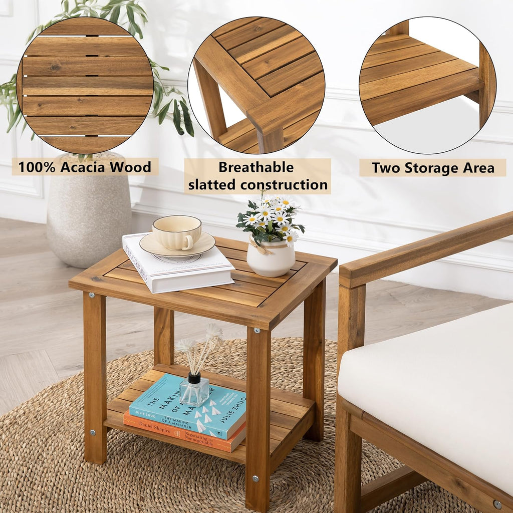 Solid Acacia Wood Side Table With 2-Tier Storage, Weather-Resistant Outdoor Indoor End Table, Natural Rustic Color Night Stand