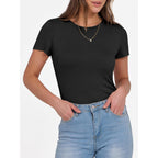 Women Short Sleeve Crewneck Ribbed Knit Slim Fitted Shirts Summer Tops Basic Tee Casual 2026 Spring Outfits Clothes