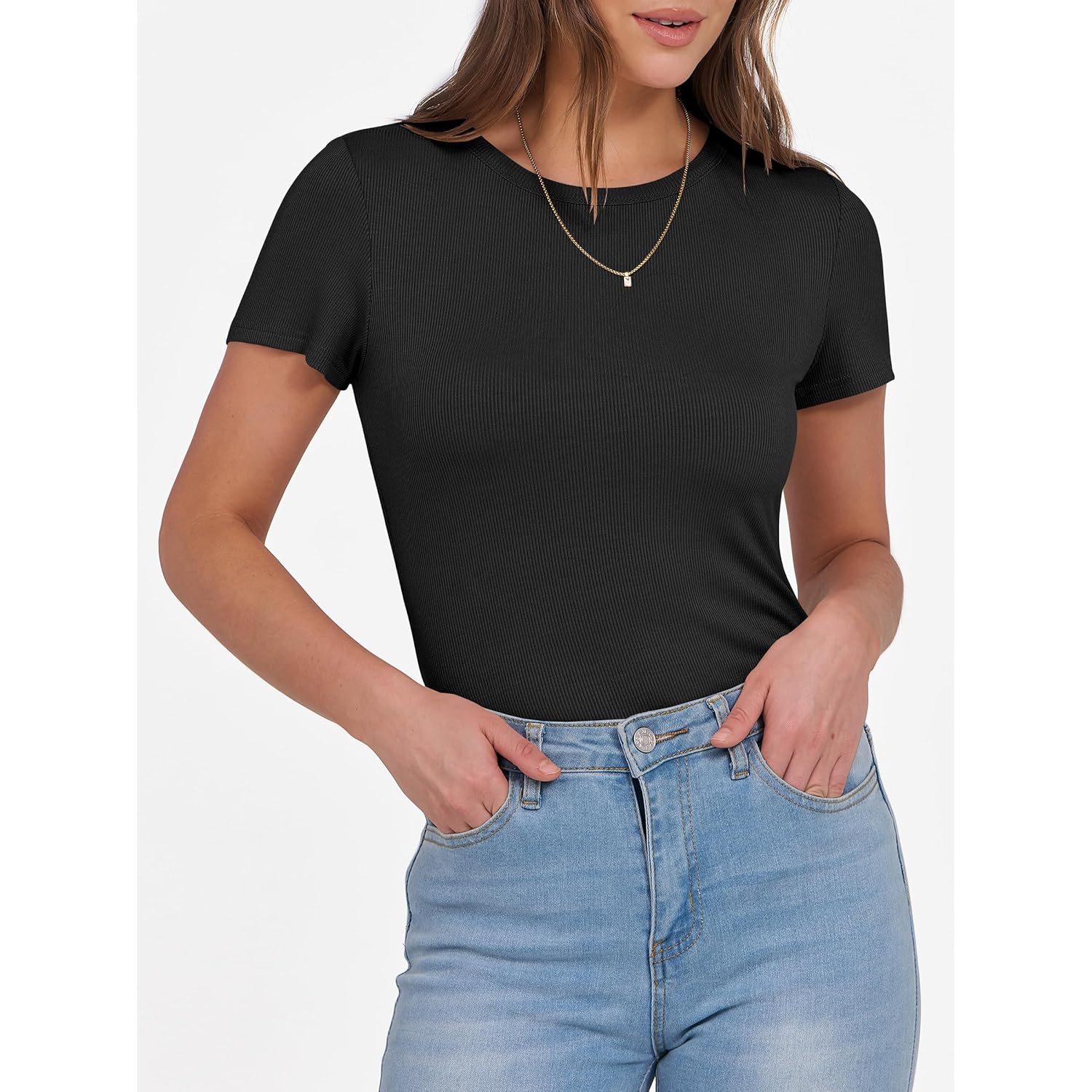 Women Short Sleeve Crewneck Ribbed Knit Slim Fitted Shirts Summer Tops Basic Tee Casual 2026 Spring Outfits Clothes