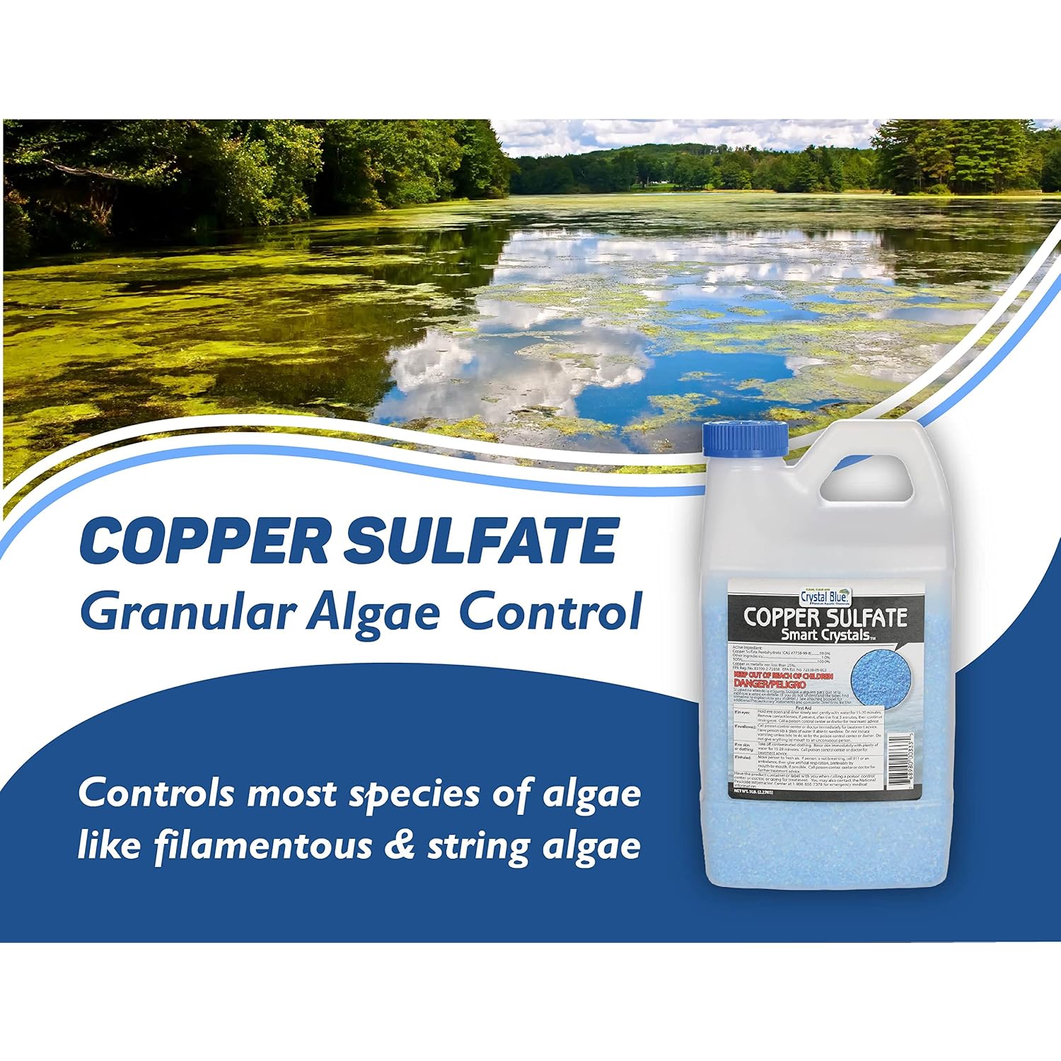 Crystal Blue Copper Sulfate Algaecide - Granular Aquatic Grade Copper Sulfate For Pond Algae Control - 5 Pounds