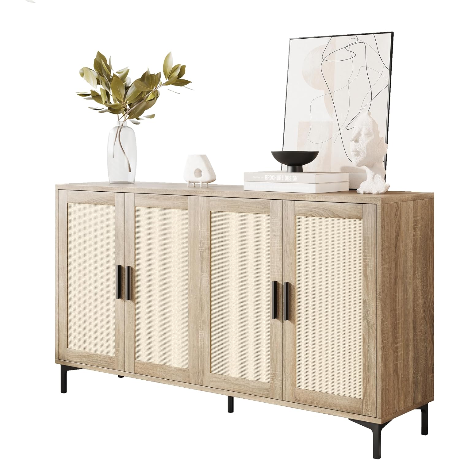 Jasiway Buffet Cabinet With Storage, 48" Rattan Coffee Bar Cabinet Station | Accent Sideboard With Adjustable Shelves, Credenza For Dining Room, Kitchen, Living Room, Entryway, Anti-Tip, Wood