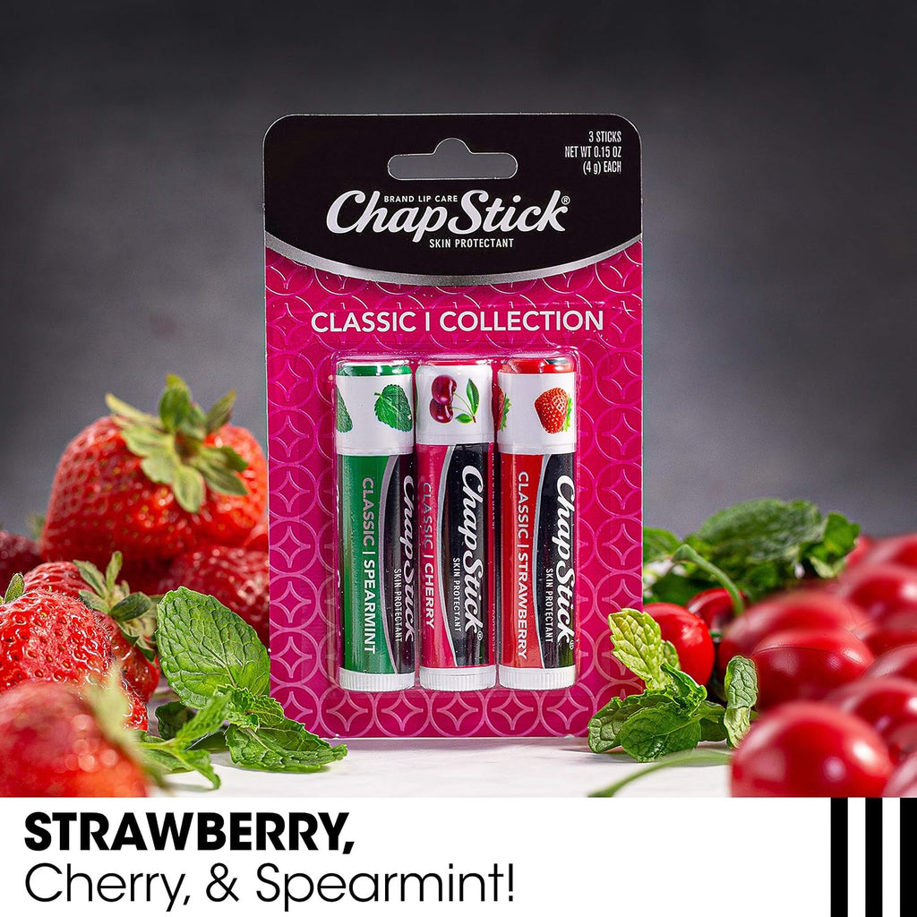 Chapstick Lip Care Set, Classic Collection 3-Pack – Spearmint, Cherry, And Strawberry Lip Balm, 0.15 Oz Ea