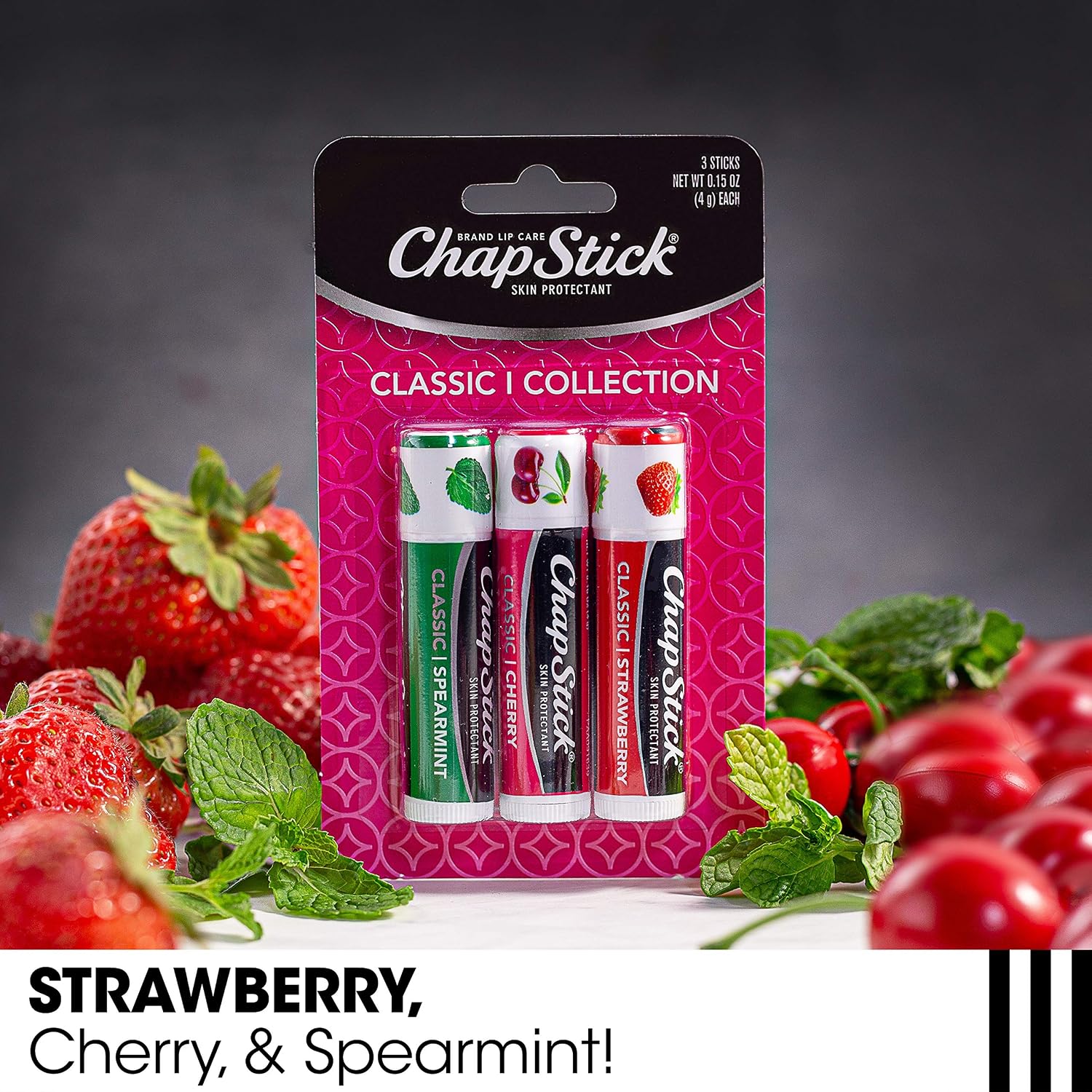 Chapstick Lip Care Set, Classic Collection 3-Pack – Spearmint, Cherry, And Strawberry Lip Balm, 0.15 Oz Ea