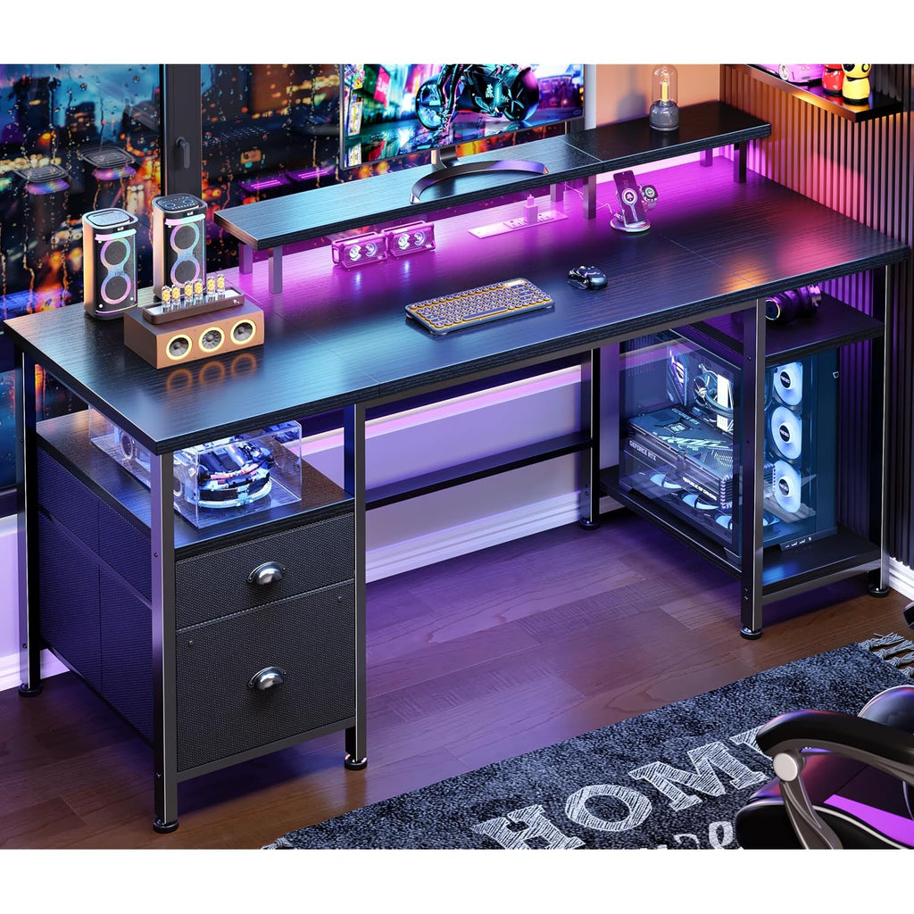 Furologee 51" Gaming Desk With Power Outlets & Led Lights, Reversible Computer Desk With File Cabinet & Monitor Stand For Home Office, Large Work Table With Storage Shelves & Drawer, Black