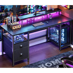 Furologee 51" Gaming Desk With Power Outlets & Led Lights, Reversible Computer Desk With File Cabinet & Monitor Stand For Home Office, Large Work Table With Storage Shelves & Drawer, Black