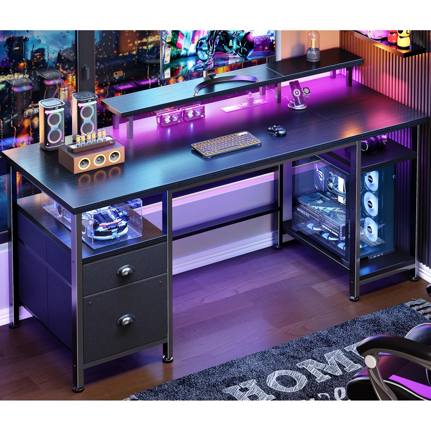 Furologee 51" Gaming Desk With Power Outlets & Led Lights, Reversible Computer Desk With File Cabinet & Monitor Stand For Home Office, Large Work Table With Storage Shelves & Drawer, Black