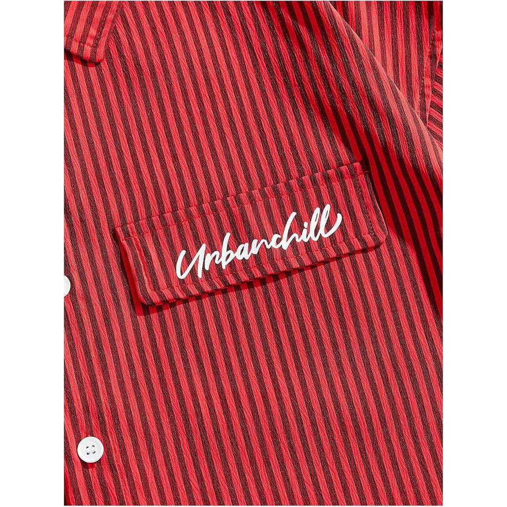 Gorglitter Men'S Striped Button Down Up Cropped T Shirt Short Sleeve Letter Summer Vacation Shirts Boxy Tees Streetwear