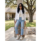 Dokotoo Cropped Jean Jacket Women Button Down Long Sleeve Collarless Cinched Waist Denim Jackets