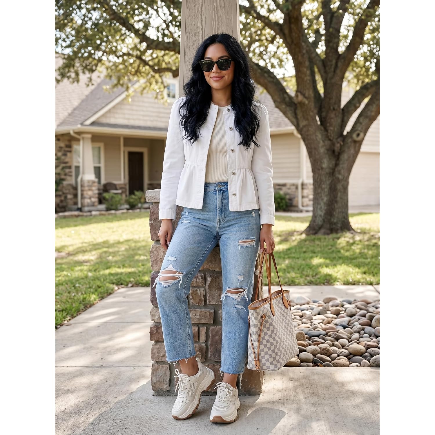 Dokotoo Cropped Jean Jacket Women Button Down Long Sleeve Collarless Cinched Waist Denim Jackets