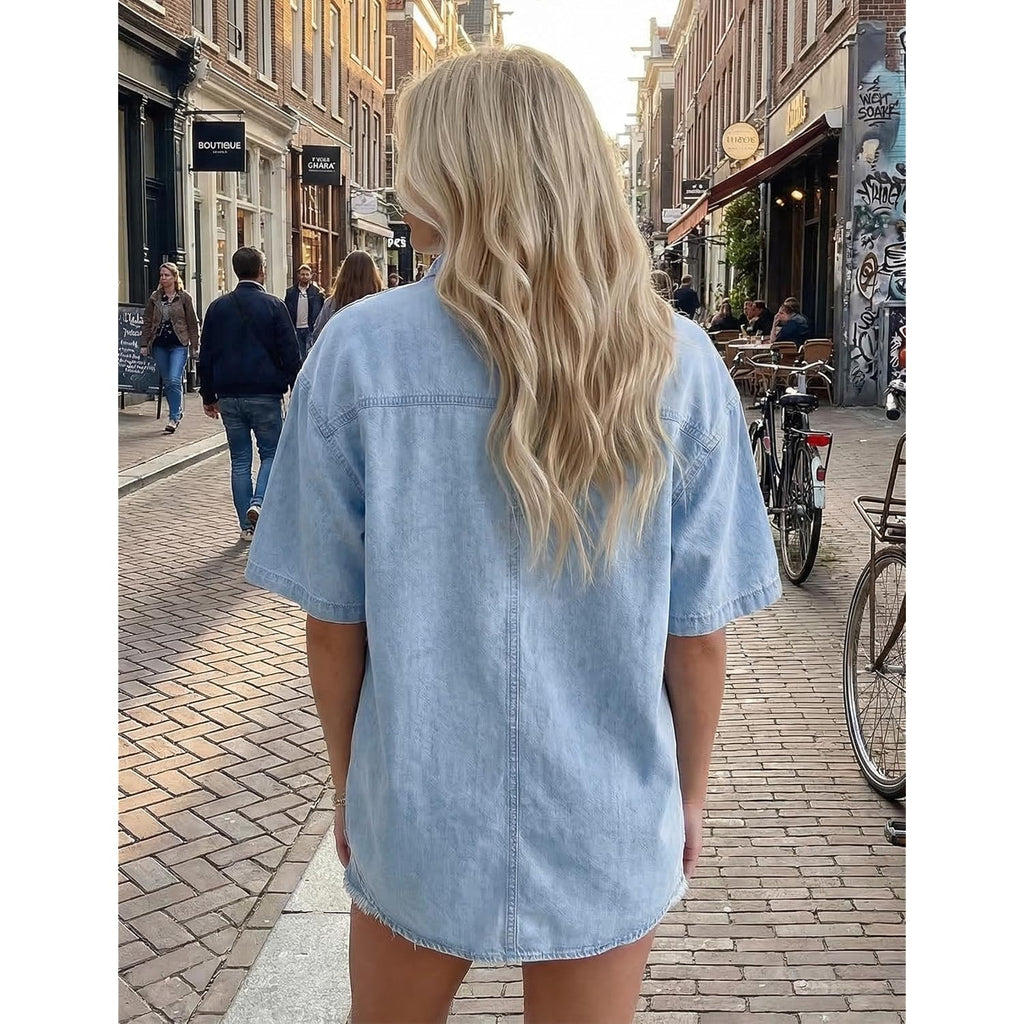 Women Short Sleeve Denim Shirt Button Down Oversized Denim Top Blouse Casual Loose Fit Jean Jacket Outfit With Pocket