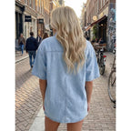 Women Short Sleeve Denim Shirt Button Down Oversized Denim Top Blouse Casual Loose Fit Jean Jacket Outfit With Pocket