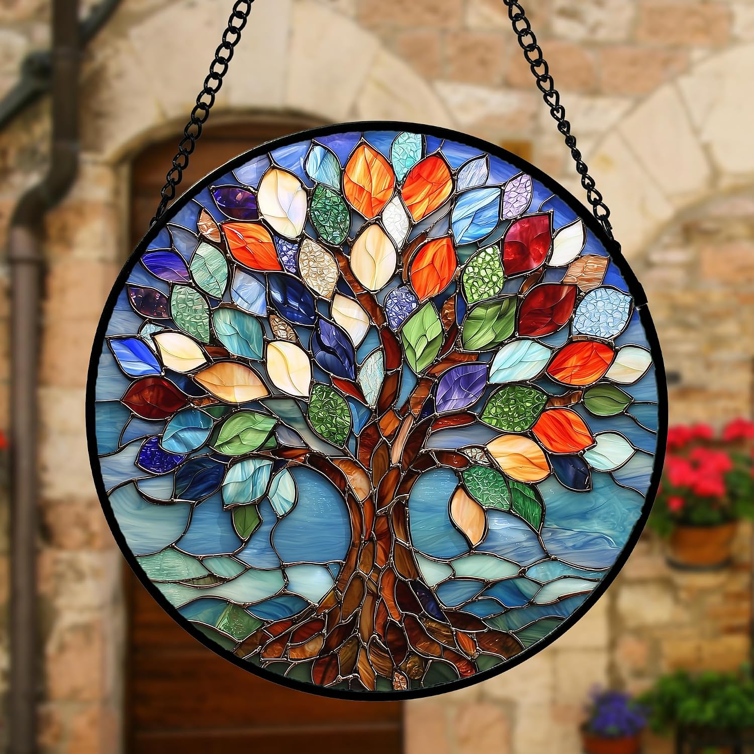Stained Glass Window Hanging, Colorful Tree Of Life Sun Catchers Glass Panel Blue Suncatcher Decor For Birthday For Women, Men, Wife, Aunt, And Mom 6.3 In