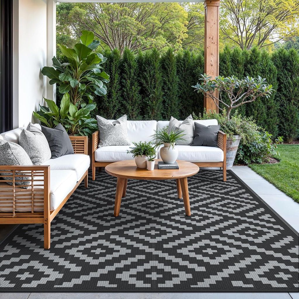 Genimo Outdoor Rug, Waterproof Plastic Rugs For Patio, 5'X8' Black Grey | Outside Larger Modern Carpet Mat For Porch Decor, Deck, Balcony, Camping, Rv, Backyard, Picnic, Beach, Reversible, Foldable
