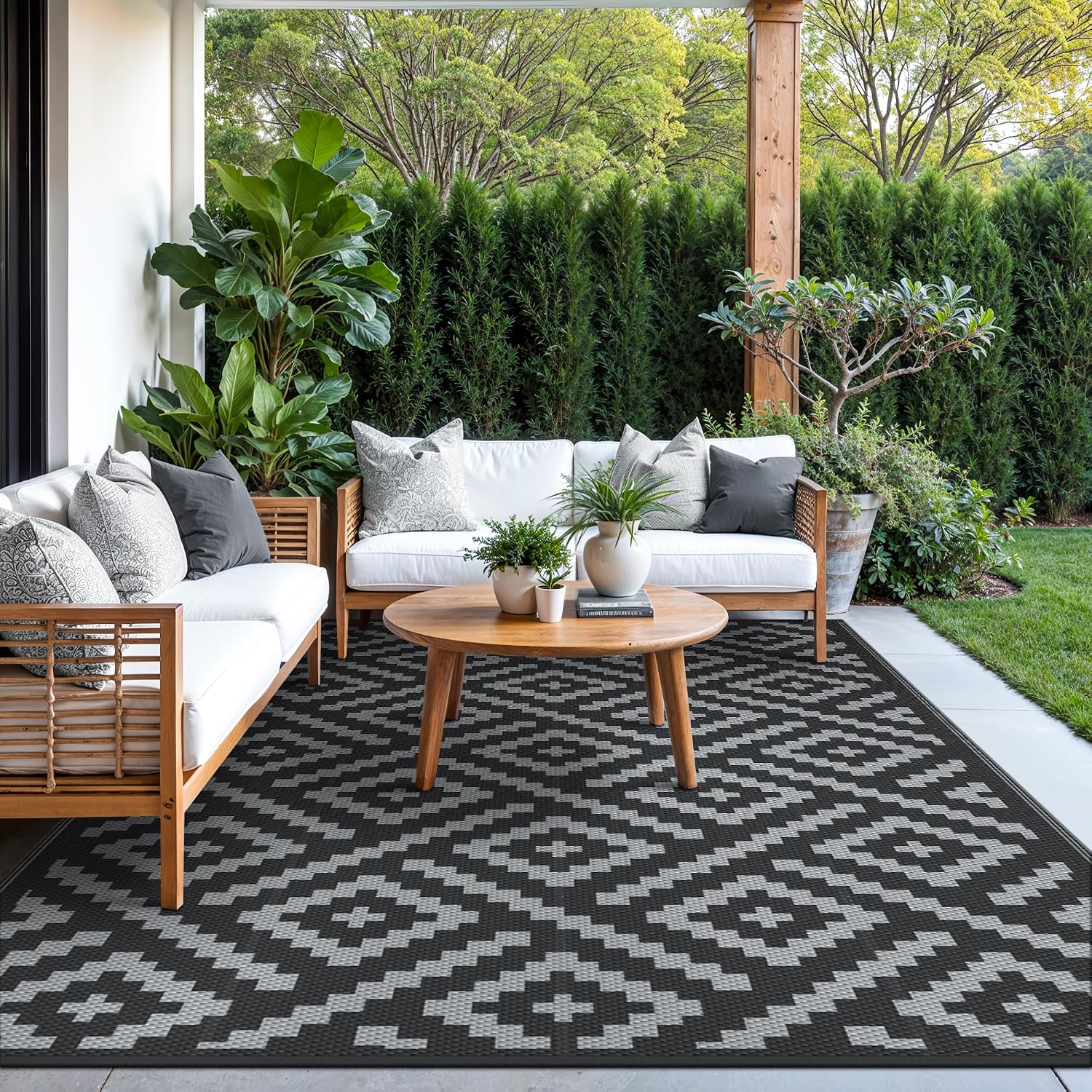 Genimo Outdoor Rug, Waterproof Plastic Rugs For Patio, 5'X8' Black Grey | Outside Larger Modern Carpet Mat For Porch Decor, Deck, Balcony, Camping, Rv, Backyard, Picnic, Beach, Reversible, Foldable