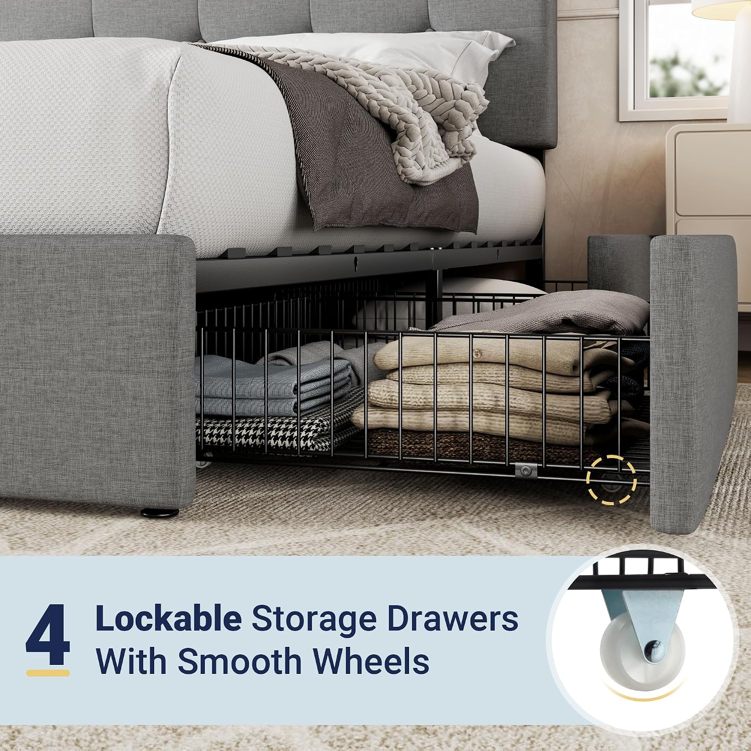 Allewie Upholstered Queen Size Platform Bed Frame With 4 Storage Drawers And Headboard, Square Stitched Button Tufted, Mattress Foundation With Wooden Slats Support, No Box Spring Needed, Light Grey