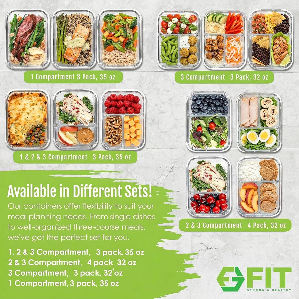 Fit Strong & Healthy Glass Meal Prep Containers, 2 & 3 Compartments - Portion Control, Lunch Container Set, Food Storage, Airtight Lids, Oven & Freezer Safe, Leak-Proof Bento Box, 32 Oz, Blue, 4 Pack