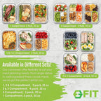 Fit Strong & Healthy Glass Meal Prep Containers, 2 & 3 Compartments - Portion Control, Lunch Container Set, Food Storage, Airtight Lids, Oven & Freezer Safe, Leak-Proof Bento Box, 32 Oz, Blue, 4 Pack