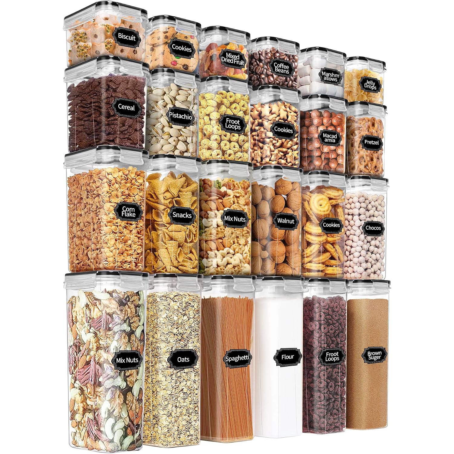 Praki Airtight Food Storage Containers Set With Lids - 24 Pcs, Bpa Free Kitchen And Pantry Organization, Plastic Leak-Proof Canisters For Cereal Flour & Sugar - Labels & Marker