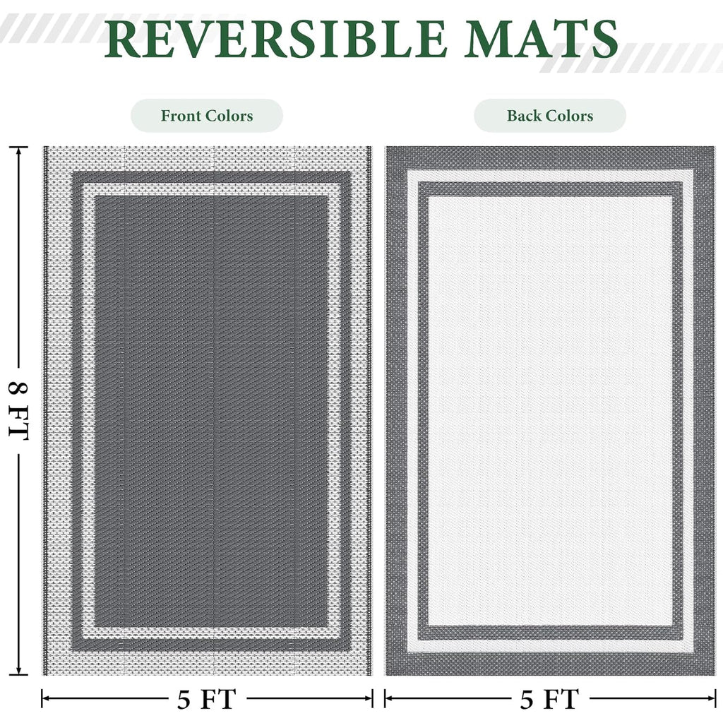 Happytrends Outdoor Rug Reversible Portable Plastic Straw Camping Rugs For Outside Rv,Large Waterproof Outdoor Area Rugs For Patio,Deck,Porch,Balcony(5'X 8',White&Gray)