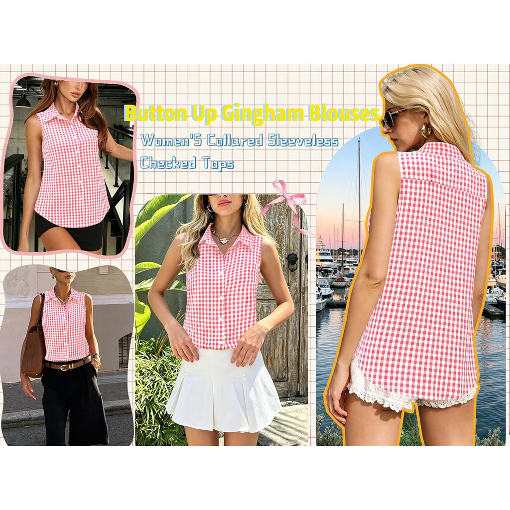 Women Cotton Gingham Button Down Shirts Slim Fit Sleeveless Blouses Plaid Tops Summer Clothes Fashion Outfits