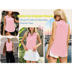 Women Cotton Gingham Button Down Shirts Slim Fit Sleeveless Blouses Plaid Tops Summer Clothes Fashion Outfits