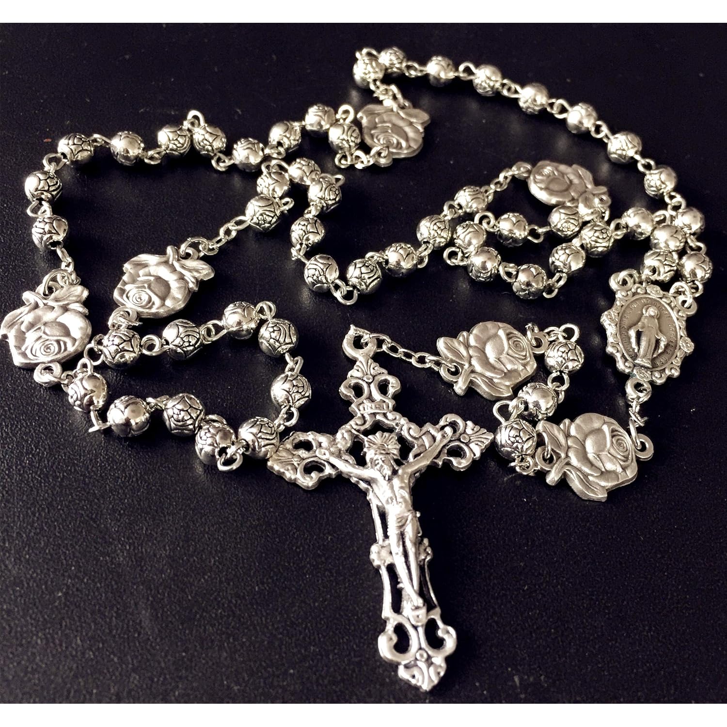 elegantmedical HANDMADE Silver rose beads Catholic 5 DECADE Rosary case Cross Gift Box Italy crucifix cross