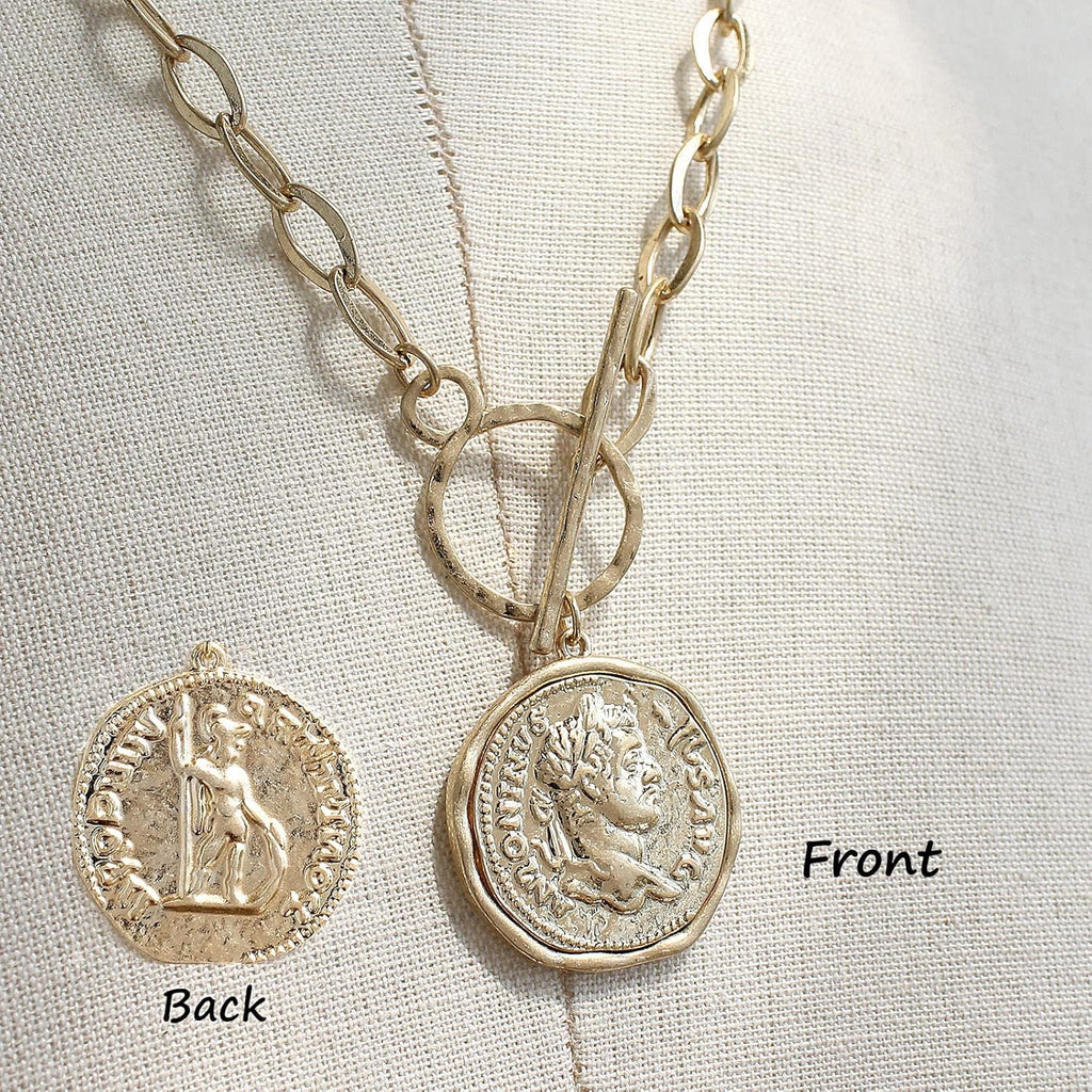 POMINA Chunky Thick Coin Necklace Trendy Fashion Statement Toggle Necklace Worn Gold Tone Pendant Thick Link Chain Layered Pearl Necklace for Women Jewelry