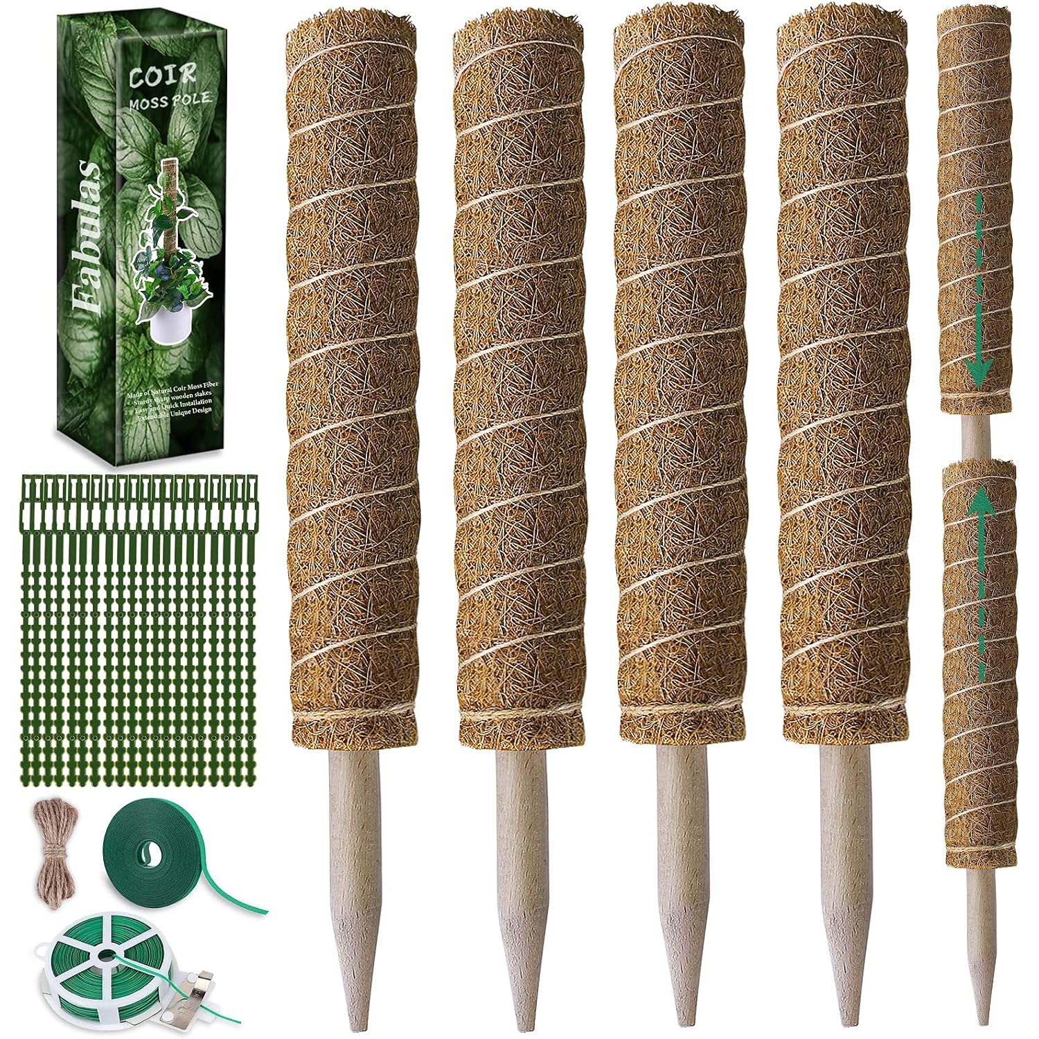 Fabulas Moss Pole 47.5 Inch - Monstera Plant Support, 4 Packs 16 Inch Plant Stakes For Indoor Plants Coco Coir Moss Pole Sticks For Climbing Potted Live Plants, Pothos, Philodendron, With Garden Ties