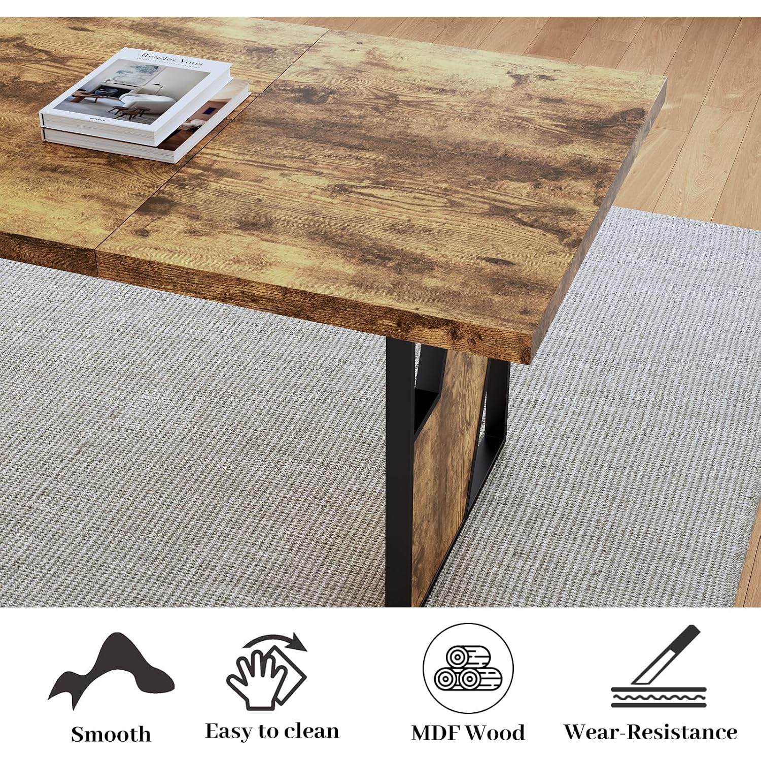 70.8" Wooden Dining Table With 2 Benches, Modern Kitchen Table And Chairs Set For 4-6 Person, Thickened Mdf Wooden Table With Dining Bench For Living Dining Room, Kitchen, Office