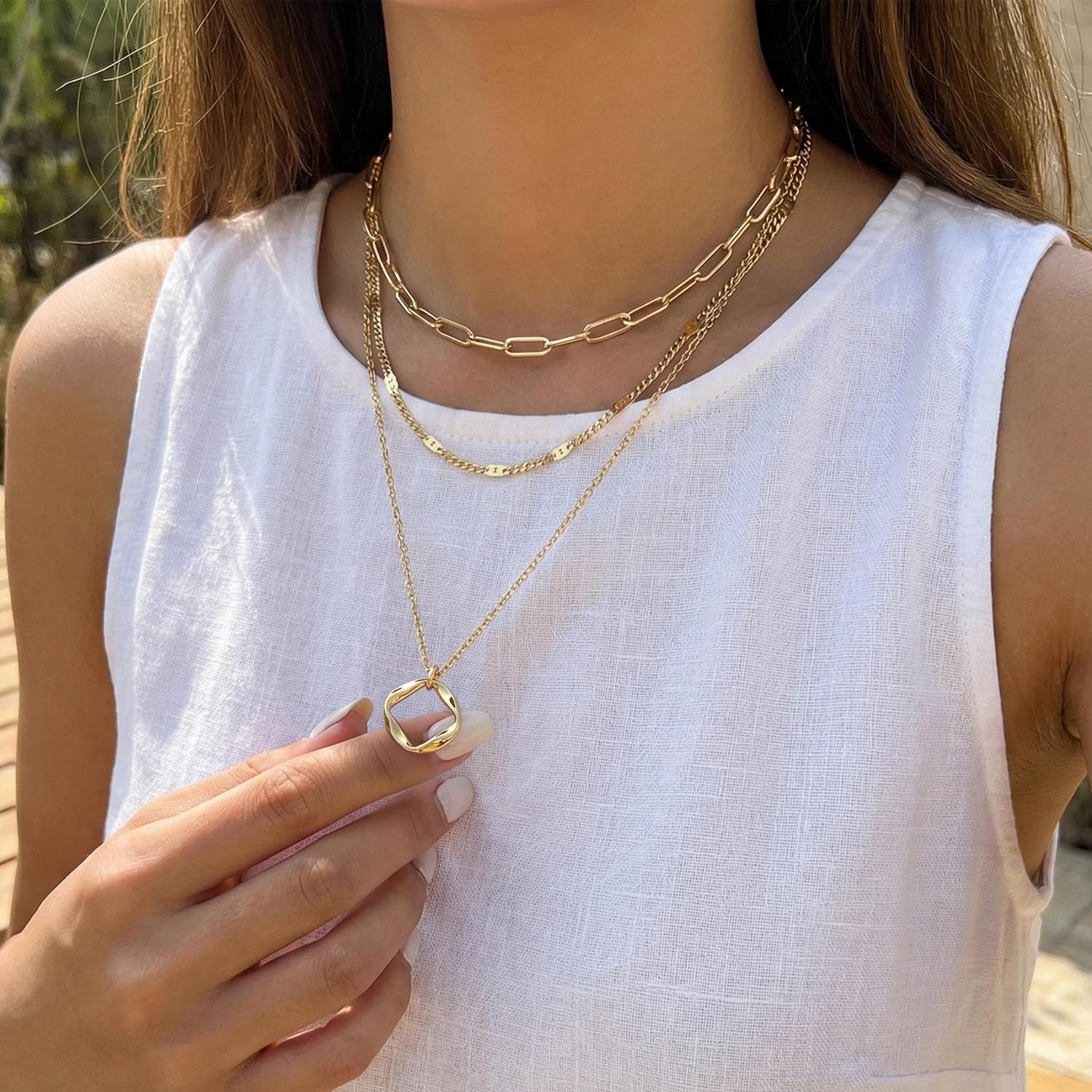 Poxtex Layered Gold Necklaces for Women, Stackable Dainty 14K Gold Silver Plated Trendy Simple Heart Diamond Cross Bow Circle Pendant Paperclip Choker Dot Chain Necklace,Jewelry Set Gifts for Women