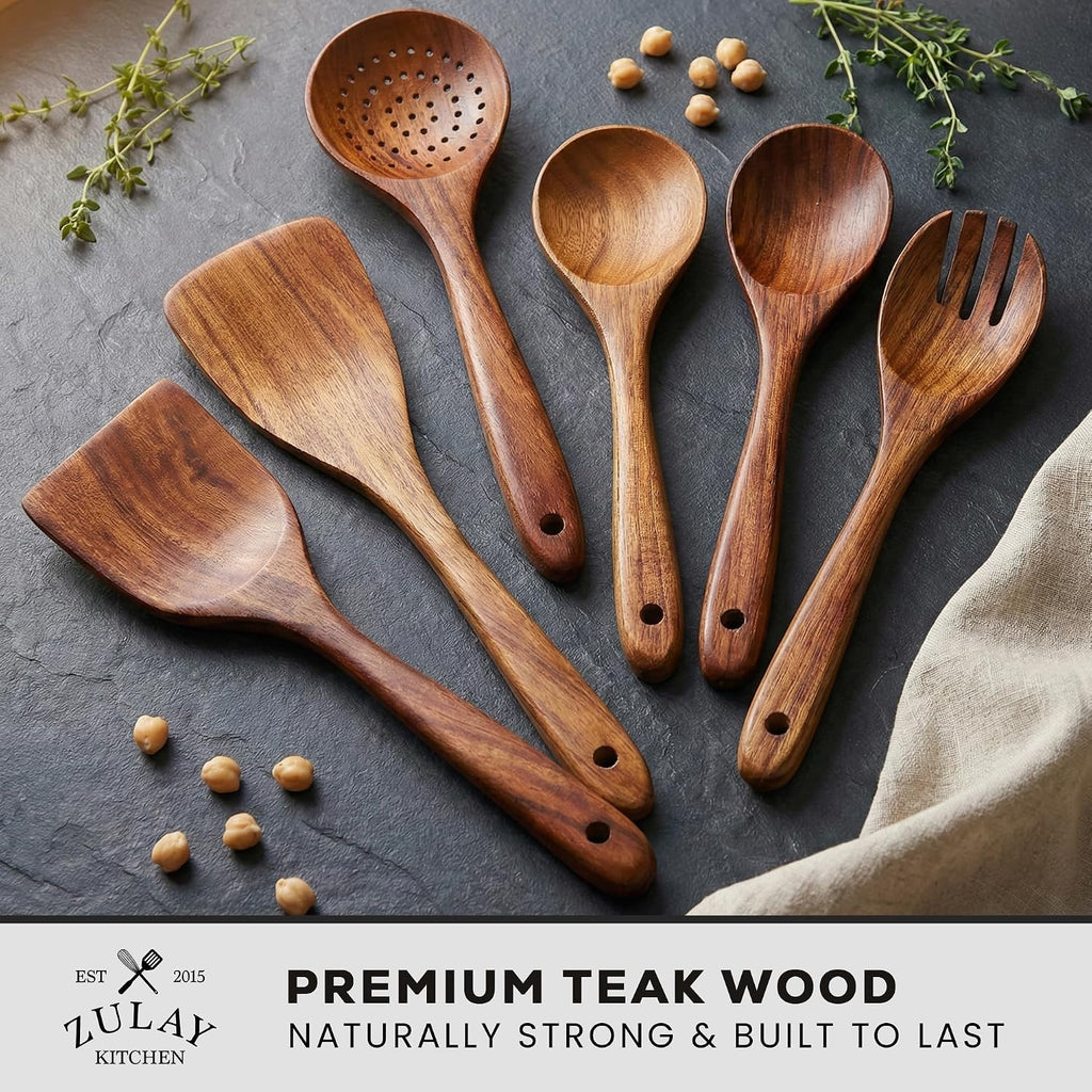 Zulay Kitchen 6 Piece Wooden Spoons For Cooking – Natural Teak Wooden Utensil Set, Easy To Clean, Durable, Smooth With Comfort Grip - Non Toxic Wooden Cooking Utensil Sets