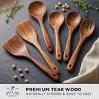 Zulay Kitchen 6 Piece Wooden Spoons For Cooking – Natural Teak Wooden Utensil Set, Easy To Clean, Durable, Smooth With Comfort Grip - Non Toxic Wooden Cooking Utensil Sets