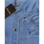 Women'S Casual Washed Distressed Puff Sleeve Denim Button Down Shirt Jean Jacket Coat
