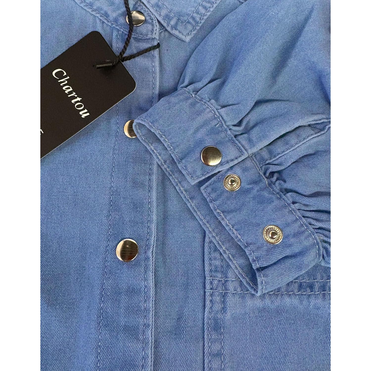 Women'S Casual Washed Distressed Puff Sleeve Denim Button Down Shirt Jean Jacket Coat