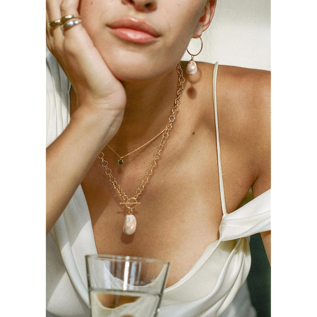 18k Gold Plated Chain Link Necklace for Women, Baroque Pearl/Compass Pendant Necklace