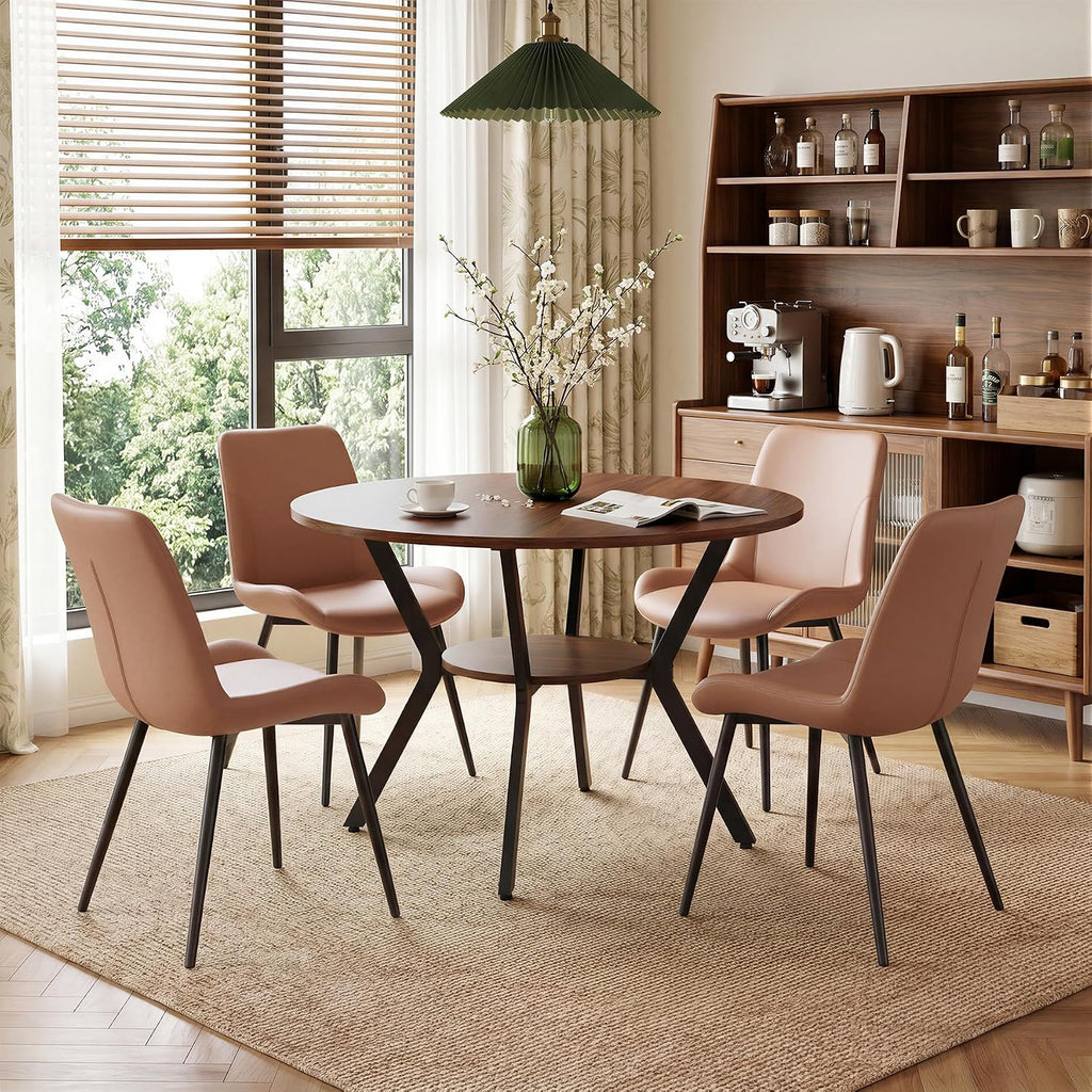 Miereirl 42.13" 5-Piece Round Dining Table Set For 4, Kitchen Table Set With 4 Upholstered Chairs And Storage Shelf, Dining Room Furniture Set For Apartment, Small Spaces
