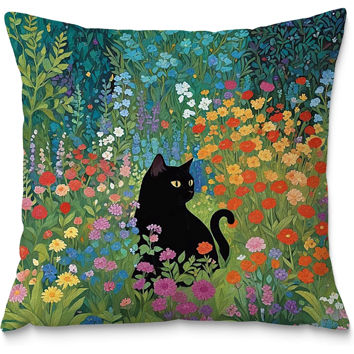 Floral Black Cat Pillow Covers 18x18, Cats Lovers Lady Gifts, Cat Mom Grandma Gifts, Cats in Colorful Wildflower Decorative Pillow Covers for Home Bedroom Living Room Office Decor