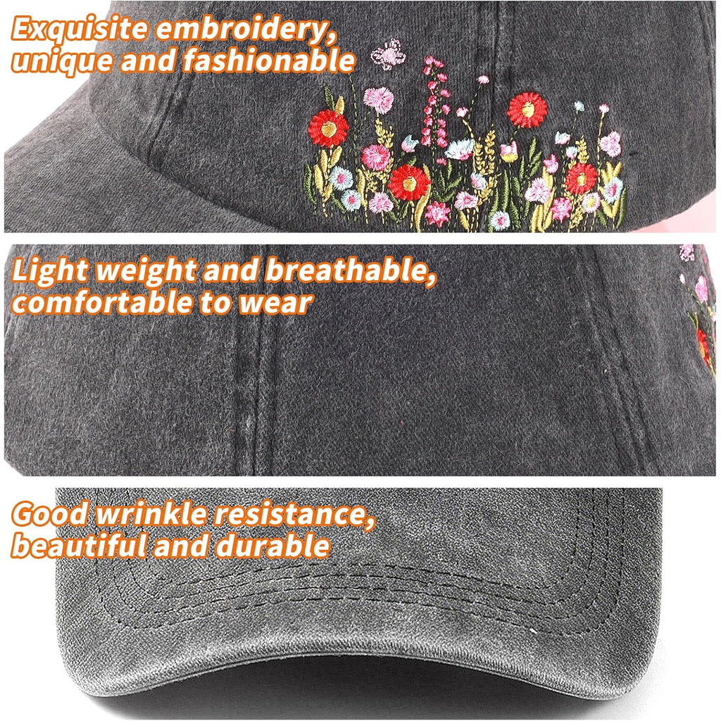 Embroidered Baseball Cap for Women Girls, Elegant Floral Baseball Cap for Women, Adjustable Breathable Hats for Casual Wear Black Wildflower
