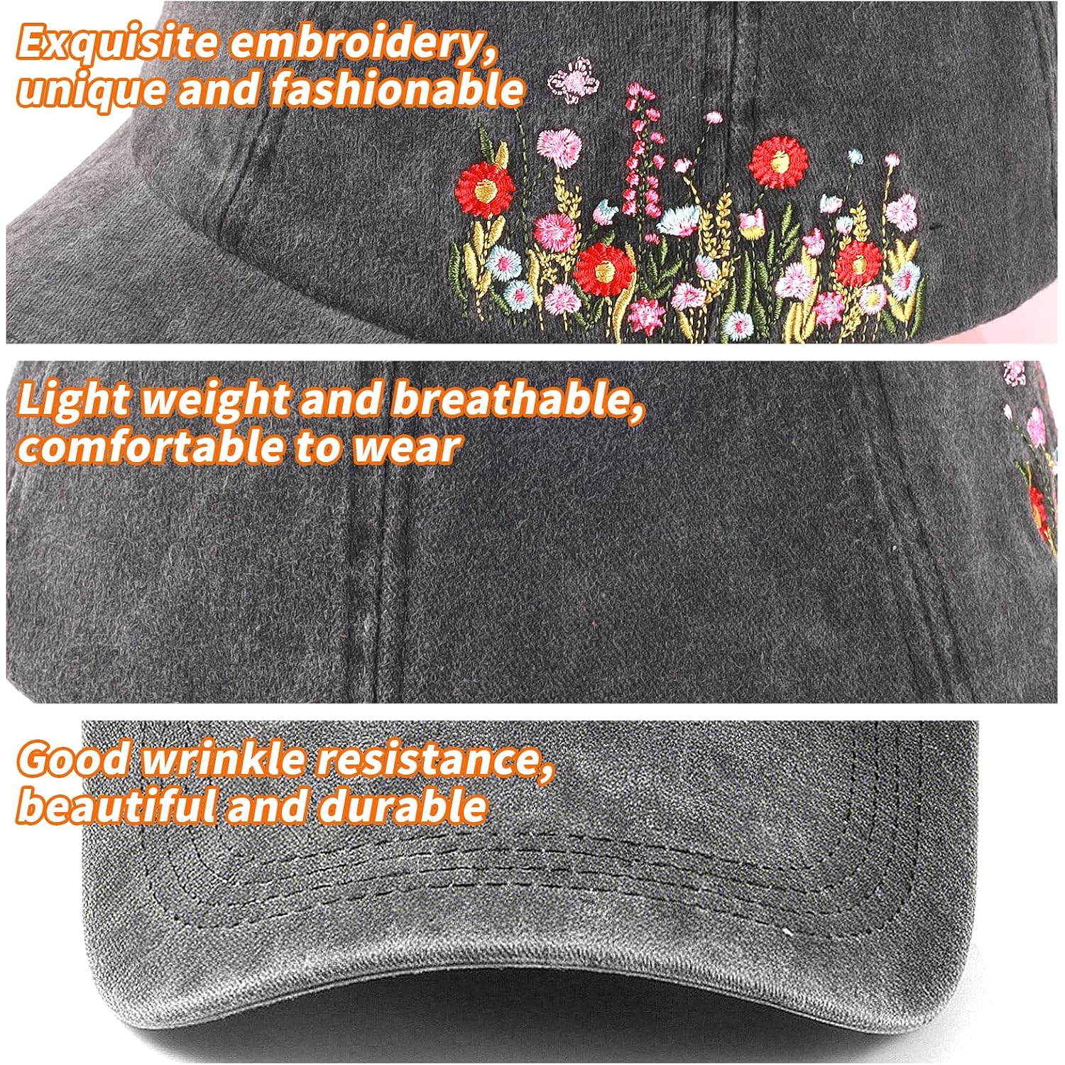 Embroidered Baseball Cap for Women Girls, Elegant Floral Baseball Cap for Women, Adjustable Breathable Hats for Casual Wear Black Wildflower