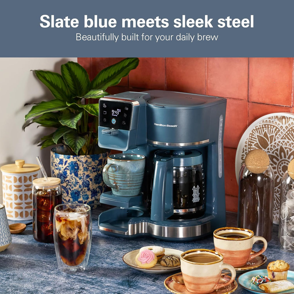 Hamilton Beach 2-Way Drip Coffee Maker & Single Serve Coffee Machine | Hot & Iced Coffee Maker| 12 Cup Glass Carafe| Aquaflow Showerhead | Auto Pause & Pour | Kitchen Makeover Blue |47502J