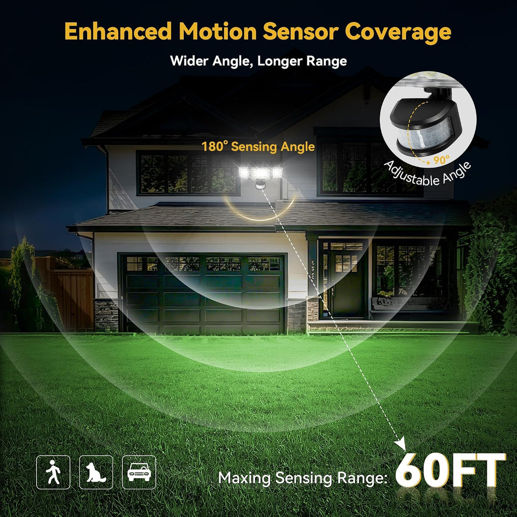 Solar Lights Outdoor, 3500Lm 168 Led Motion Sensor Solar Flood Lights, 3 Heads 300° Wide Angle, 3 Modes Ip65 Waterproof Solar Security Lights For Yard Garden Patio, 2 Pack (Black)
