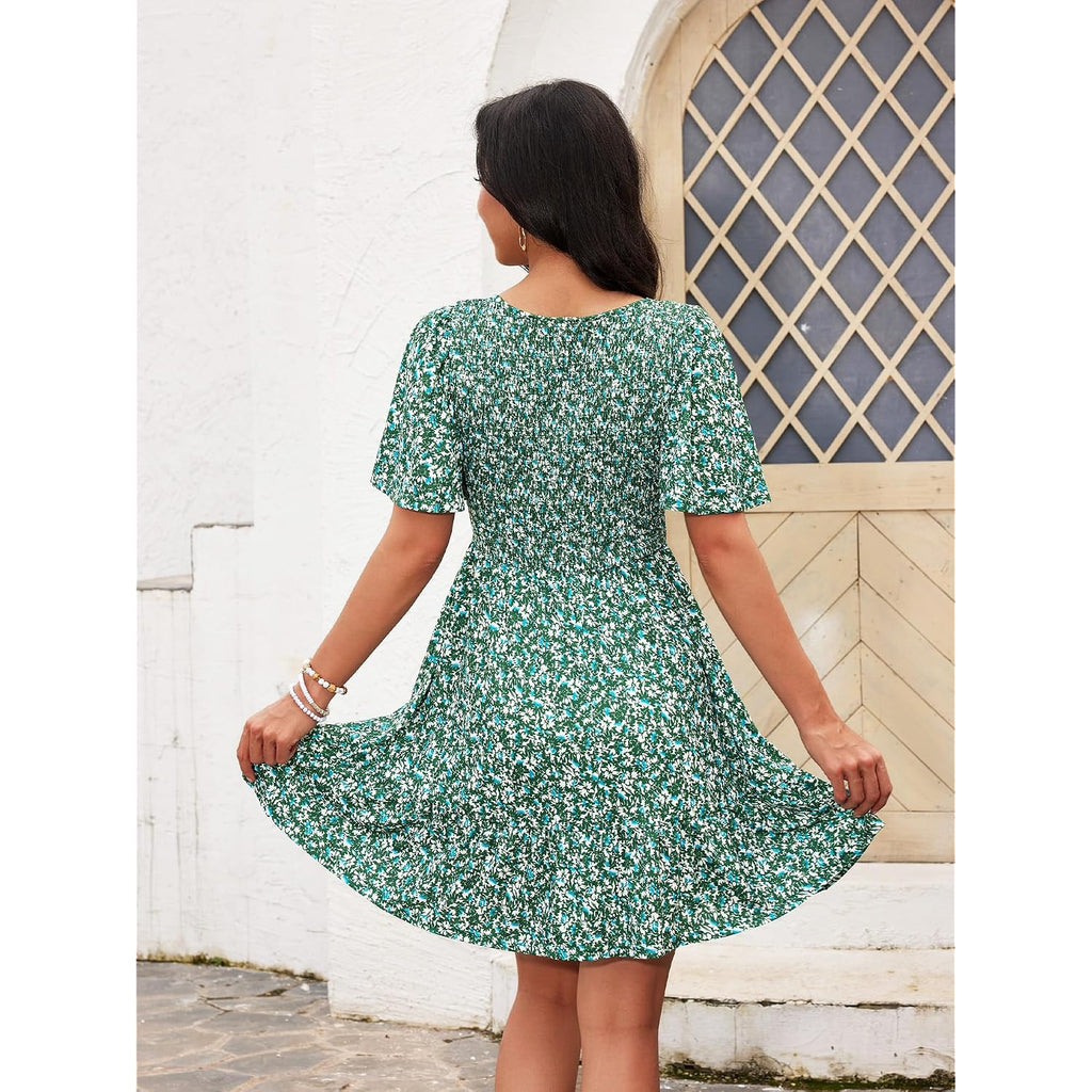 Ueal Womens Cute Floral Smocked V Neck Flutter Sleeve Sundress With Pockets Casual Spring Summer Dresses For Women 2026