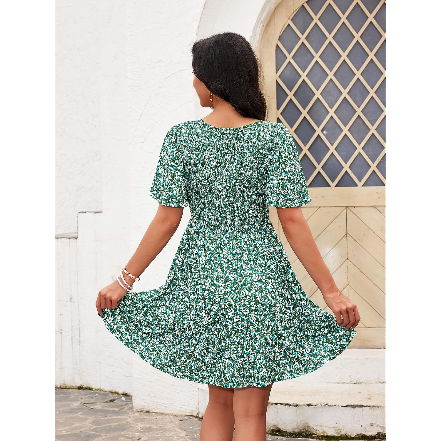 Ueal Womens Cute Floral Smocked V Neck Flutter Sleeve Sundress With Pockets Casual Spring Summer Dresses For Women 2026