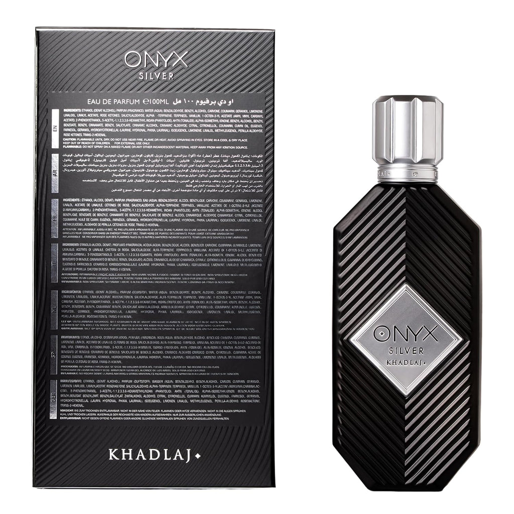Khadlaj Onyx Silver – Fresh, Spicy, Woody, Amber – Eau de Parfum Spray Long-Lasting Fragrance for Men, 3.4 Ounce / 100ml