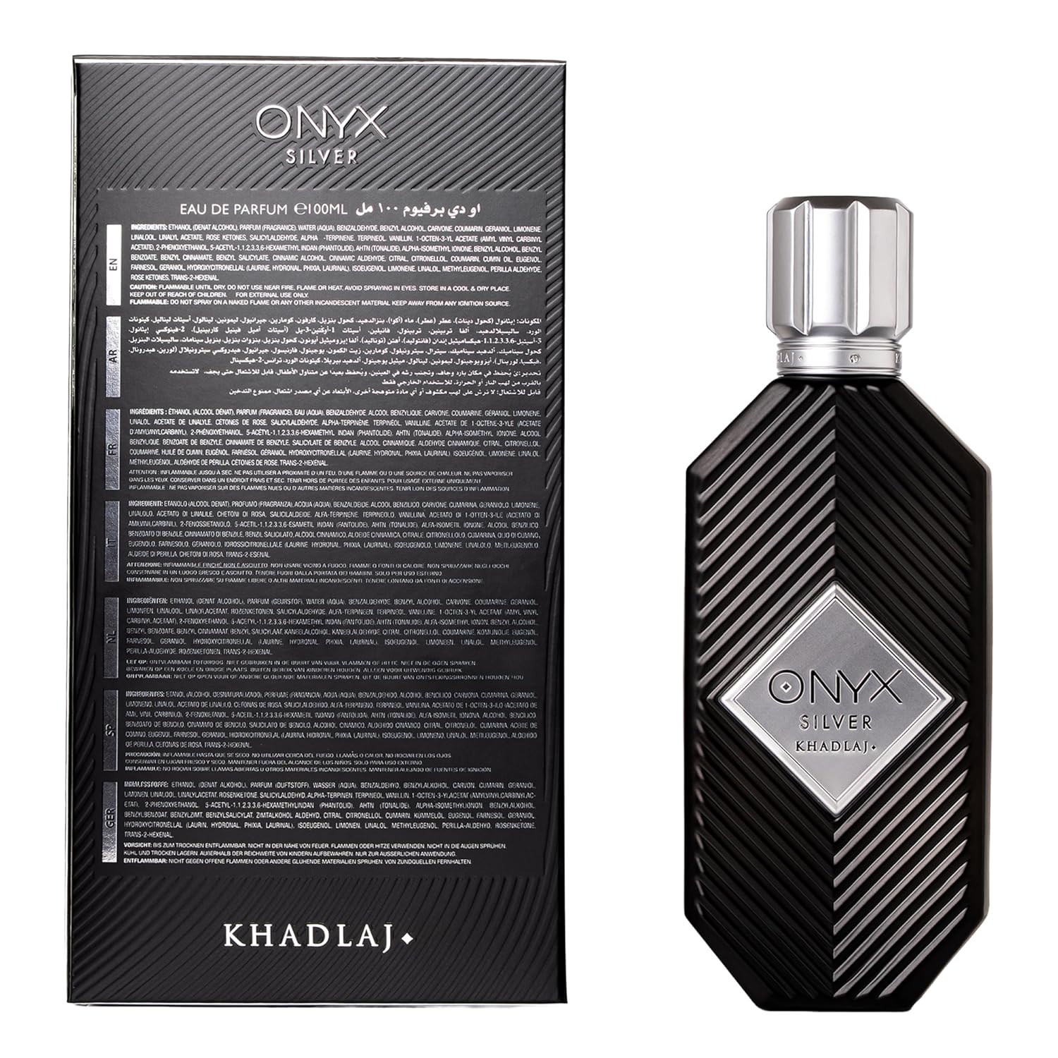 Khadlaj Onyx Silver – Fresh, Spicy, Woody, Amber – Eau de Parfum Spray Long-Lasting Fragrance for Men, 3.4 Ounce / 100ml