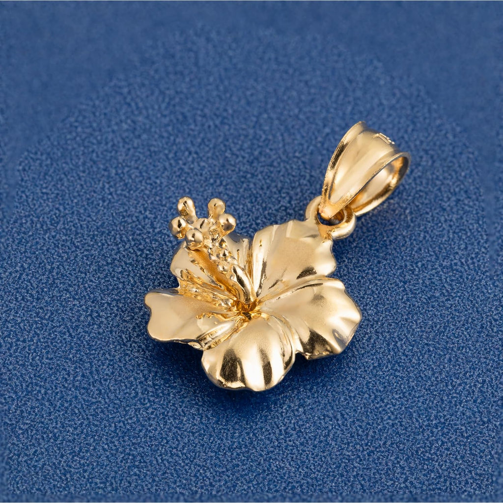 14K Solid Yellow Gold Hawaiian Hibiscus Flower Pendant Charm, For Mom Daughter Girlfriend, Nickle Free Hypoallergenic for Sensitive Skin, Gift Box Included