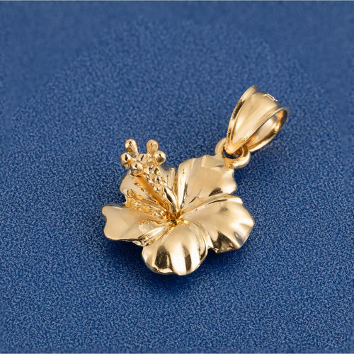 14K Solid Yellow Gold Hawaiian Hibiscus Flower Pendant Charm, For Mom Daughter Girlfriend, Nickle Free Hypoallergenic for Sensitive Skin, Gift Box Included